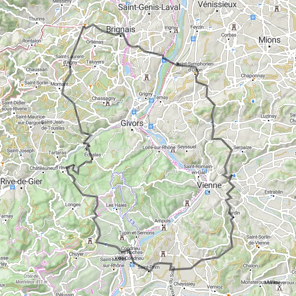 Map miniature of "Brignais to Condrieu Round-Trip" cycling inspiration in Rhône-Alpes, France. Generated by Tarmacs.app cycling route planner