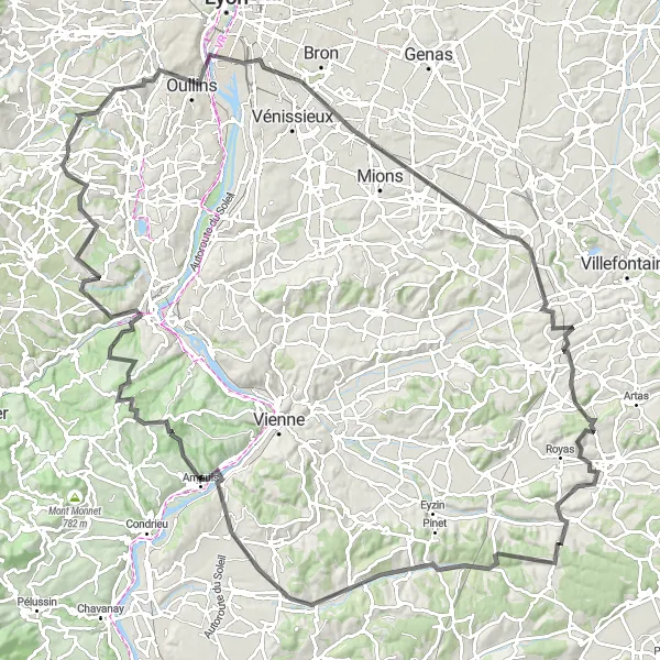 Zemljevid v pomanjšavi "Road cycling od Chaponost do Soucieu-en-Jarrest" kolesarske inspiracije v Rhône-Alpes, France. Generirano z načrtovalcem kolesarskih poti Tarmacs.app