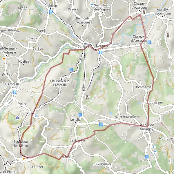 Map miniature of "Scenic Gravel Ride: Sourcieux-les-Mines to Mercruy" cycling inspiration in Rhône-Alpes, France. Generated by Tarmacs.app cycling route planner