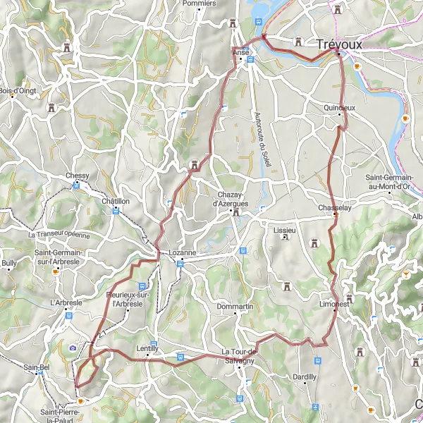 Map miniature of "Gravel Adventure: Morancé Loop" cycling inspiration in Rhône-Alpes, France. Generated by Tarmacs.app cycling route planner