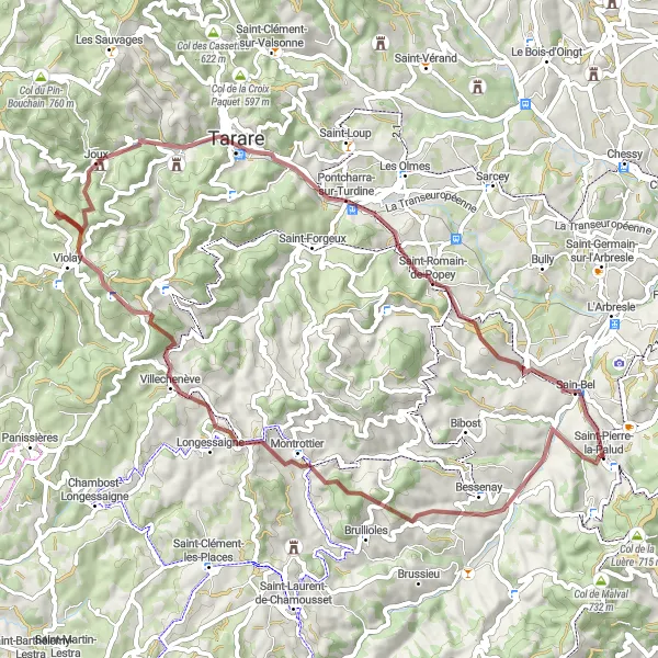 Map miniature of "Gravel Adventure through Sourcieux-les-Mines" cycling inspiration in Rhône-Alpes, France. Generated by Tarmacs.app cycling route planner