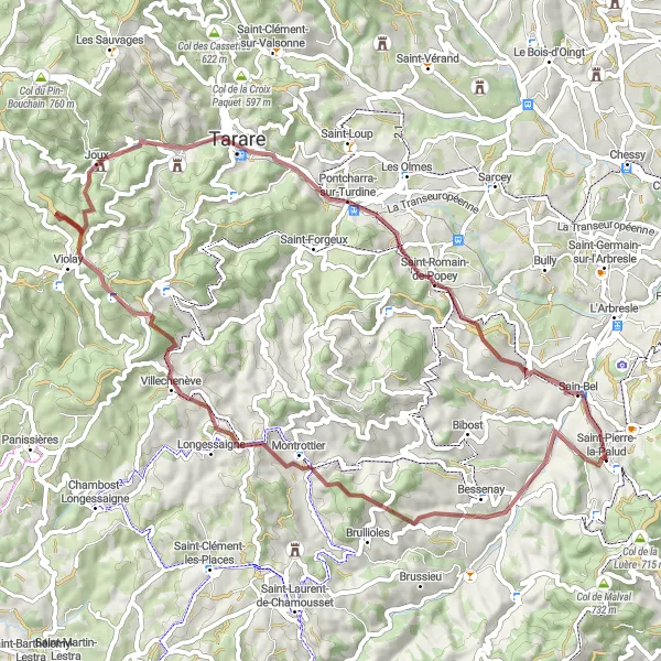 Mapa miniatúra "Zaujímavá gravelová trasa od Bessenay po Sain-Bel" cyklistická inšpirácia v Rhône-Alpes, France. Vygenerované cyklistickým plánovačom trás Tarmacs.app