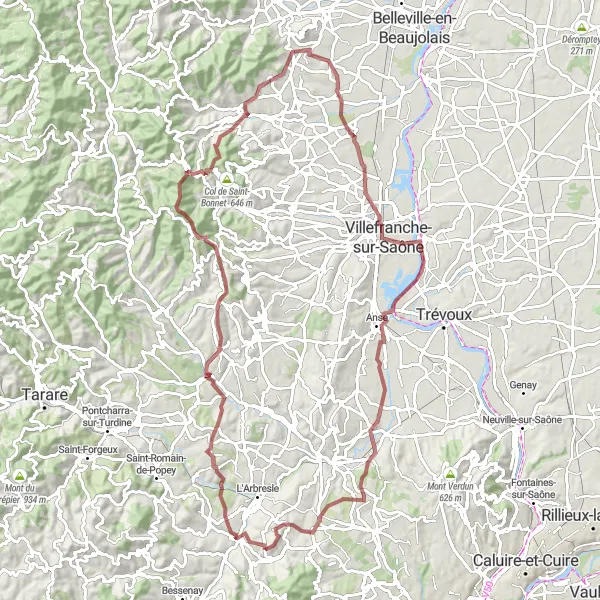 Miniature de la carte de l'inspiration cycliste "Défi Gravel des Montagnes du Beaujolais" dans la Rhône-Alpes, France. Générée par le planificateur d'itinéraire cycliste Tarmacs.app