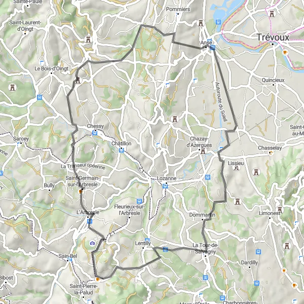 Miniature de la carte de l'inspiration cycliste "Boucle des Pierres Dorées" dans la Rhône-Alpes, France. Générée par le planificateur d'itinéraire cycliste Tarmacs.app