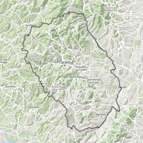 Mapa miniatúra "Road Tour od Sourcieux-les-Mines" cyklistická inšpirácia v Rhône-Alpes, France. Vygenerované cyklistickým plánovačom trás Tarmacs.app