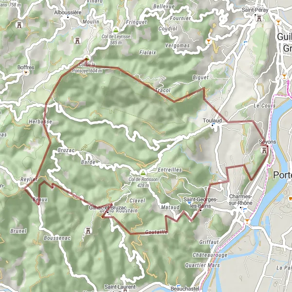 Zemljevid v pomanjšavi "Gravel krožna pot skozi Col du Méran, Gilhac-et-Bruzac, Château de Crozat in Col de la Ponsoye" kolesarske inspiracije v Rhône-Alpes, France. Generirano z načrtovalcem kolesarskih poti Tarmacs.app