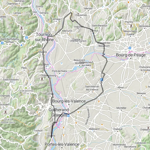 Miniatua del mapa de inspiración ciclista "Ruta Road con vistas al Vercors y Valence" en Rhône-Alpes, France. Generado por Tarmacs.app planificador de rutas ciclistas