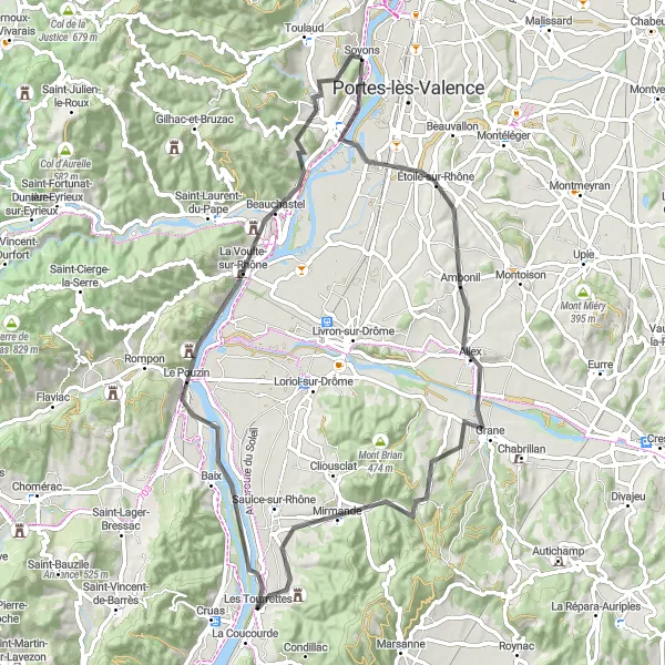 Karttaminiaatyyri "Soyons - Beauchastel - Soyons" pyöräilyinspiraatiosta alueella Rhône-Alpes, France. Luotu Tarmacs.app pyöräilyreittisuunnittelijalla