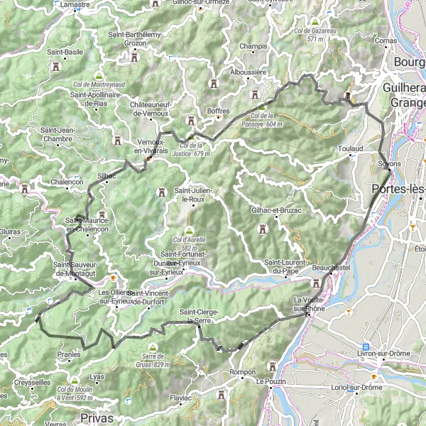 Miniatua del mapa de inspiración ciclista "Ruta de ciclismo de carretera desafiante desde Soyons" en Rhône-Alpes, France. Generado por Tarmacs.app planificador de rutas ciclistas