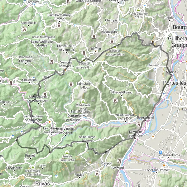 Kartminiatyr av "Utmanande rutt till Château de Meyret" cykelinspiration i Rhône-Alpes, France. Genererad av Tarmacs.app cykelruttplanerare