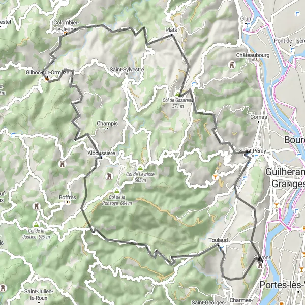 Mapa miniatúra "Zaujímavé cyklotrasy v okolí Soyons" cyklistická inšpirácia v Rhône-Alpes, France. Vygenerované cyklistickým plánovačom trás Tarmacs.app