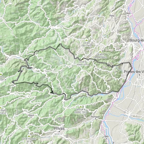 Miniatura della mappa di ispirazione al ciclismo "Avventuroso tour in bici nei dintorni di Soyons" nella regione di Rhône-Alpes, France. Generata da Tarmacs.app, pianificatore di rotte ciclistiche
