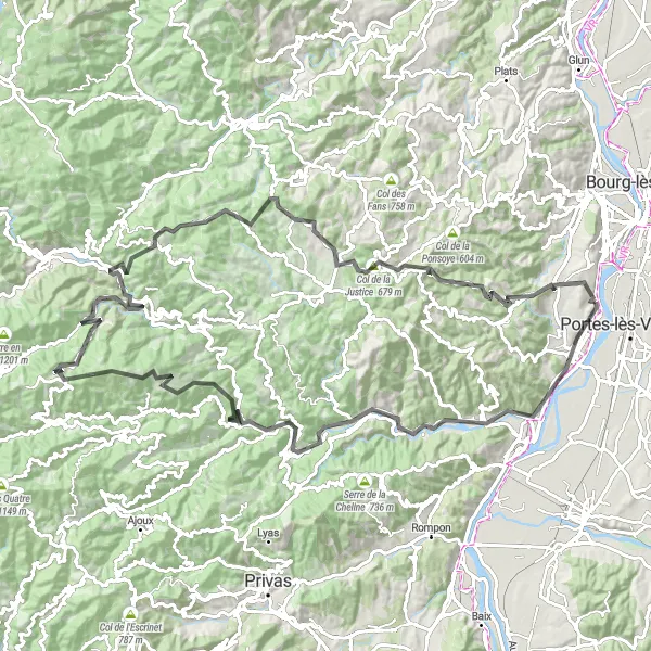 Karttaminiaatyyri "Soyons - Château des Faugs - Soyons" pyöräilyinspiraatiosta alueella Rhône-Alpes, France. Luotu Tarmacs.app pyöräilyreittisuunnittelijalla