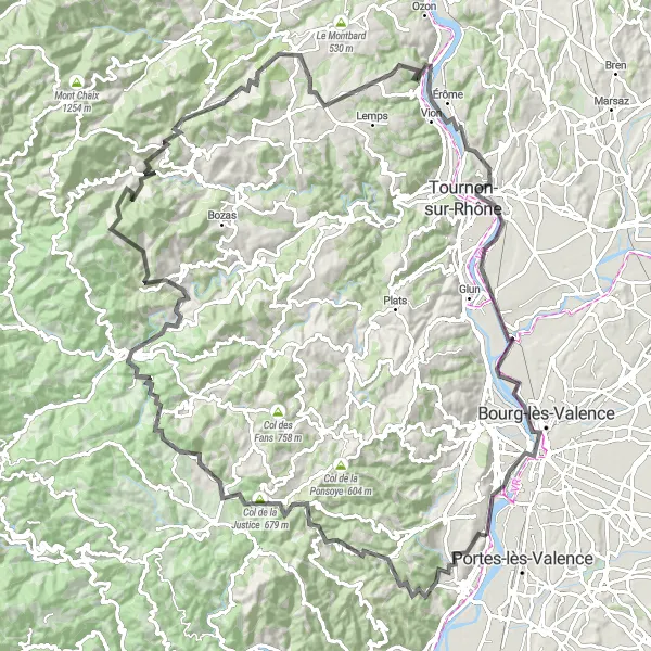 Miniatura della mappa di ispirazione al ciclismo "Giro in bicicletta su strada dalla bellissima località di Soyons" nella regione di Rhône-Alpes, France. Generata da Tarmacs.app, pianificatore di rotte ciclistiche