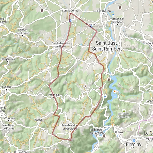 Map miniature of "Bonson Loop" cycling inspiration in Rhône-Alpes, France. Generated by Tarmacs.app cycling route planner