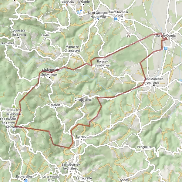 Miniaturní mapa "Gravel Tour to Saint-Jean-Soleymieux" inspirace pro cyklisty v oblasti Rhône-Alpes, France. Vytvořeno pomocí plánovače tras Tarmacs.app