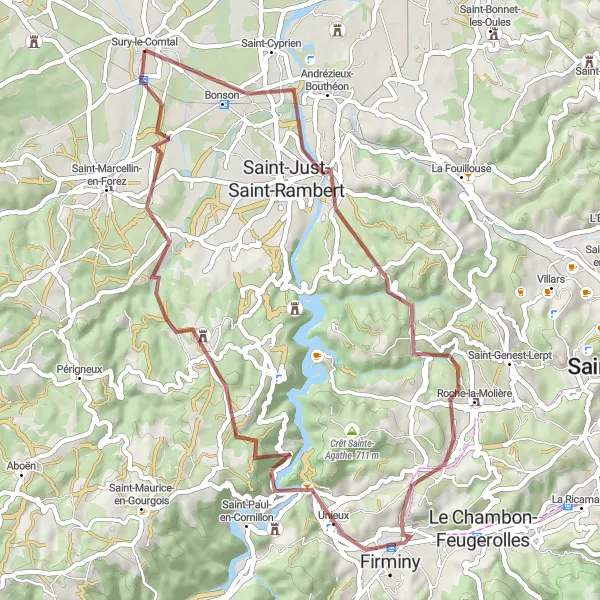 Miniatua del mapa de inspiración ciclista "Recorrido de Grava por Bonson y Sury-le-Comtal" en Rhône-Alpes, France. Generado por Tarmacs.app planificador de rutas ciclistas