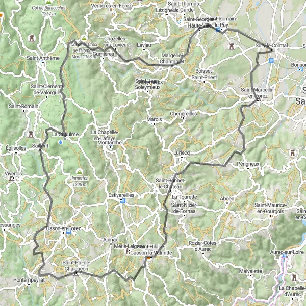 Miniatura della mappa di ispirazione al ciclismo "Circuito ciclistico tra le colline vicino a Sury-le-Comtal" nella regione di Rhône-Alpes, France. Generata da Tarmacs.app, pianificatore di rotte ciclistiche
