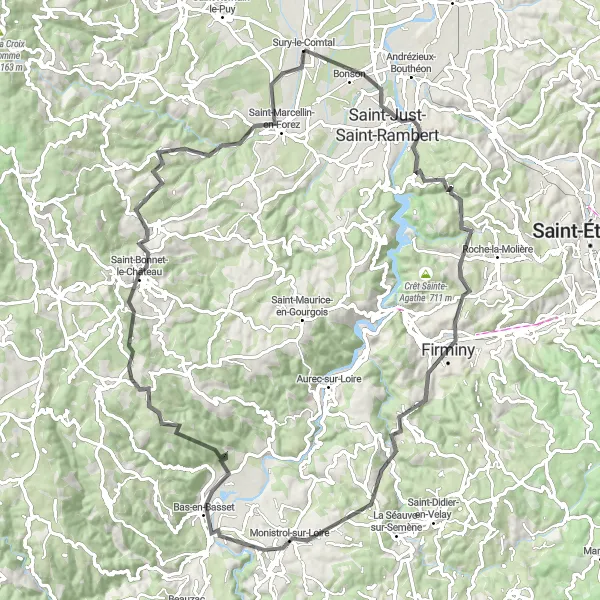 Miniaturekort af cykelinspirationen "Spændende Road Cykelrute nær Sury-le-Comtal" i Rhône-Alpes, France. Genereret af Tarmacs.app cykelruteplanlægger