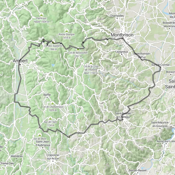 Zemljevid v pomanjšavi "Cestna kolesarska pot v bližini Sury-le-Comtal" kolesarske inspiracije v Rhône-Alpes, France. Generirano z načrtovalcem kolesarskih poti Tarmacs.app