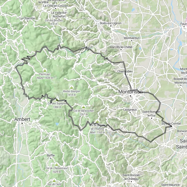 Map miniature of "Sury-le-Comtal Mountain Challenge" cycling inspiration in Rhône-Alpes, France. Generated by Tarmacs.app cycling route planner