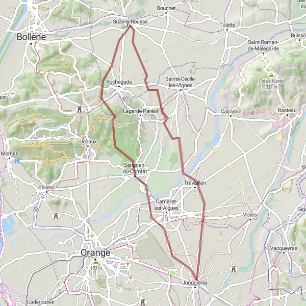 Kartminiatyr av "Grusvei Loop til Travaillan og Sérignan-du-Comtat" sykkelinspirasjon i Rhône-Alpes, France. Generert av Tarmacs.app sykkelrutoplanlegger