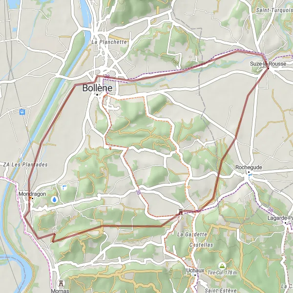 Zemljevid v pomanjšavi "Krožna pot skozi Mondragon in Suze-la-Rousse" kolesarske inspiracije v Rhône-Alpes, France. Generirano z načrtovalcem kolesarskih poti Tarmacs.app