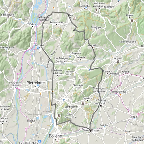 Miniatura della mappa di ispirazione al ciclismo "Esplorazione su strada tra Suze-la-Rousse e La Baume-de-Transit" nella regione di Rhône-Alpes, France. Generata da Tarmacs.app, pianificatore di rotte ciclistiche