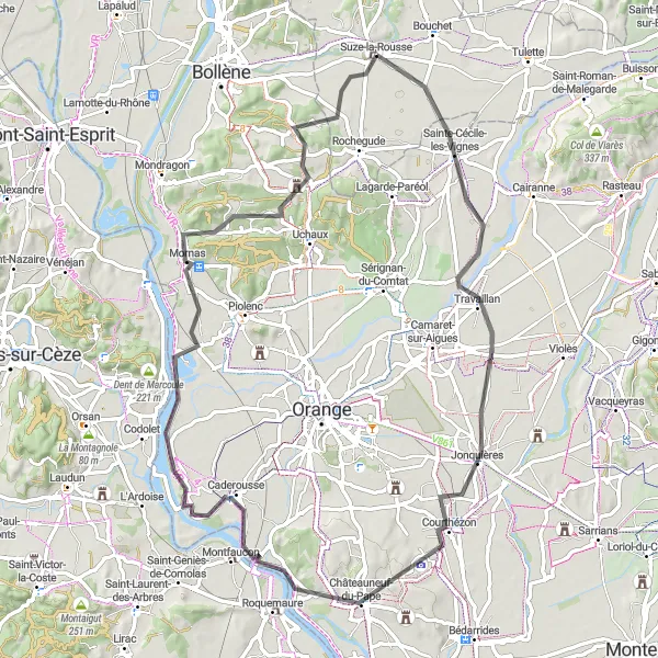 Miniatuurkaart van de fietsinspiratie "Tocht door Sainte-Cécile-les-Vignes en Mornas" in Rhône-Alpes, France. Gemaakt door de Tarmacs.app fietsrouteplanner