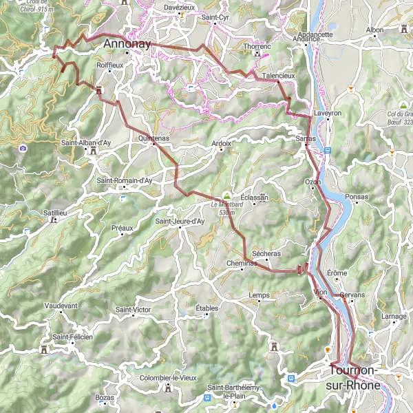 Miniaturní mapa "Gravel Through Rhône-Alpes" inspirace pro cyklisty v oblasti Rhône-Alpes, France. Vytvořeno pomocí plánovače tras Tarmacs.app