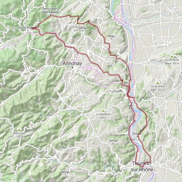 Karttaminiaatyyri "Rhône-Alpes Gravel Adventure" pyöräilyinspiraatiosta alueella Rhône-Alpes, France. Luotu Tarmacs.app pyöräilyreittisuunnittelijalla