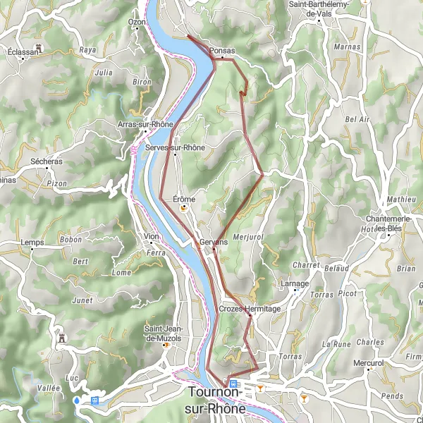 Miniaturní mapa "Gravelová trasa Belvédère du Puy de Serves" inspirace pro cyklisty v oblasti Rhône-Alpes, France. Vytvořeno pomocí plánovače tras Tarmacs.app