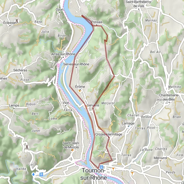 Map miniature of "Gravel Exploration" cycling inspiration in Rhône-Alpes, France. Generated by Tarmacs.app cycling route planner