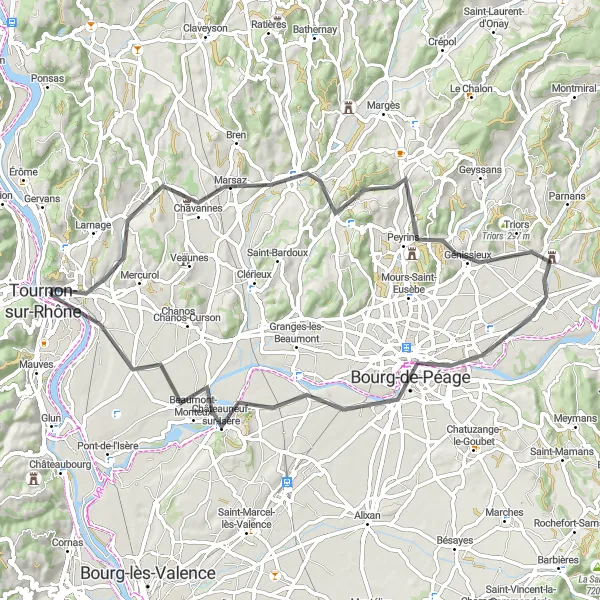 Miniaturní mapa "Cyklotrasa s výškovým rozdílem 429 m a vzdáleností 66 km" inspirace pro cyklisty v oblasti Rhône-Alpes, France. Vytvořeno pomocí plánovače tras Tarmacs.app