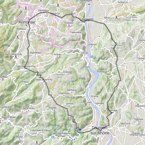 Map miniature of "Annonay Excursion" cycling inspiration in Rhône-Alpes, France. Generated by Tarmacs.app cycling route planner