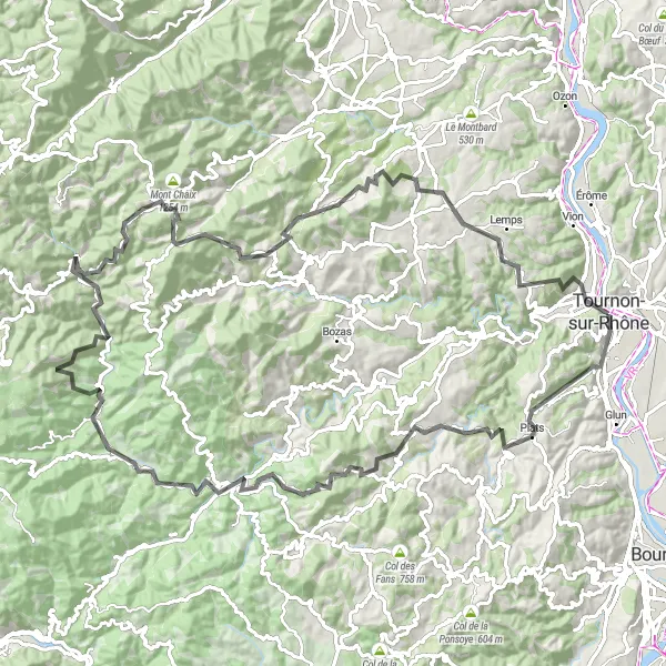Miniature de la carte de l'inspiration cycliste "Défi des cols ardéchois" dans la Rhône-Alpes, France. Générée par le planificateur d'itinéraire cycliste Tarmacs.app