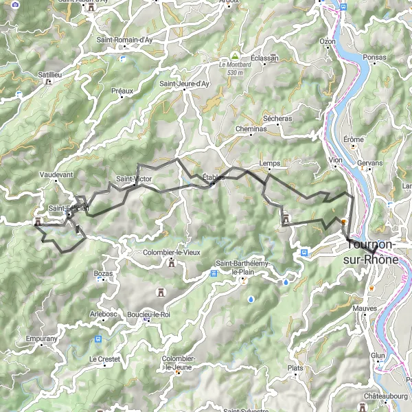 Miniaturní mapa "Cyklistická trasa s výškovým rozdílem 1221 m a vzdáleností 62 km" inspirace pro cyklisty v oblasti Rhône-Alpes, France. Vytvořeno pomocí plánovače tras Tarmacs.app