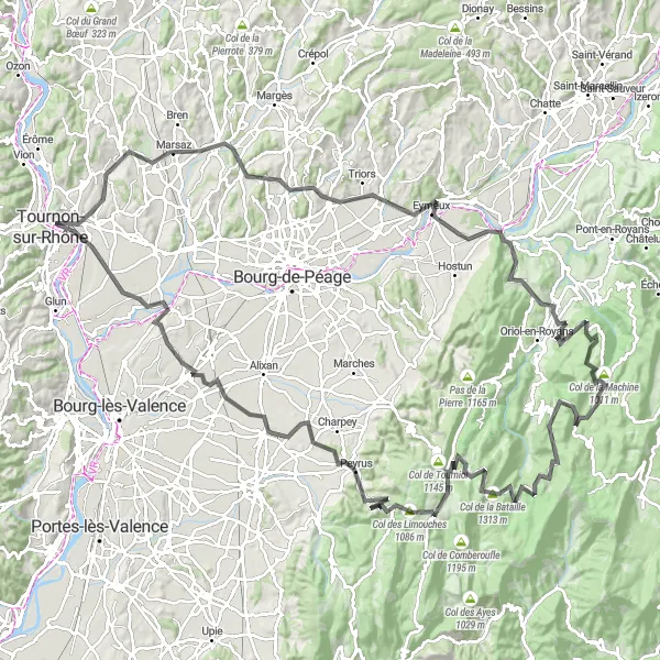 Map miniature of "Rhône Valley Cycling Adventure" cycling inspiration in Rhône-Alpes, France. Generated by Tarmacs.app cycling route planner