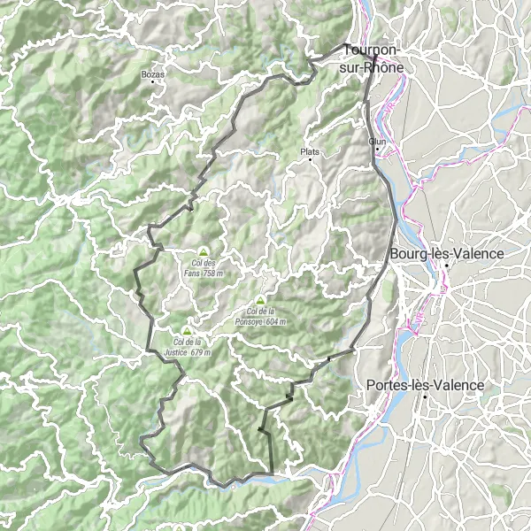 Map miniature of "Cornas Challenge" cycling inspiration in Rhône-Alpes, France. Generated by Tarmacs.app cycling route planner