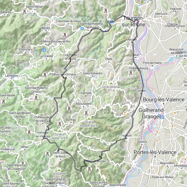 Miniature de la carte de l'inspiration cycliste "Défi des cols ardéchois" dans la Rhône-Alpes, France. Générée par le planificateur d'itinéraire cycliste Tarmacs.app