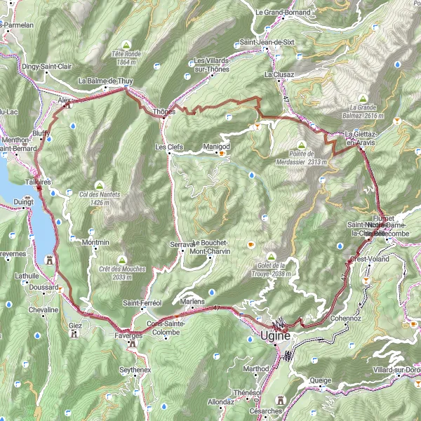 Karttaminiaatyyri "Vuoristopolku Bluffyn solalle ja yli" pyöräilyinspiraatiosta alueella Rhône-Alpes, France. Luotu Tarmacs.app pyöräilyreittisuunnittelijalla