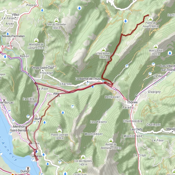 Zemljevid v pomanjšavi "Gorska avantura okoli Talloires" kolesarske inspiracije v Rhône-Alpes, France. Generirano z načrtovalcem kolesarskih poti Tarmacs.app