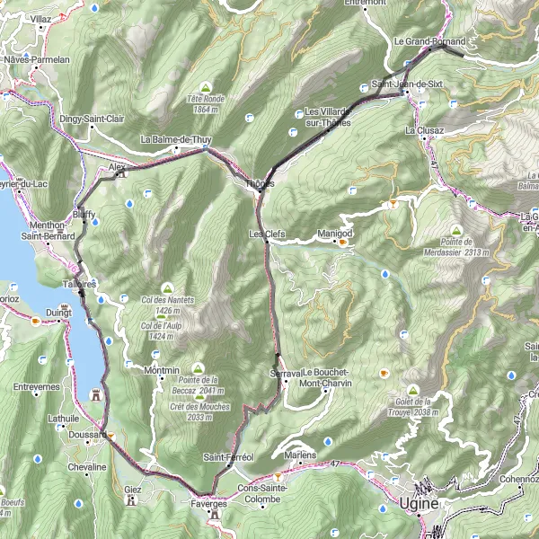 Map miniature of "Talloires to Les Clefs Loop" cycling inspiration in Rhône-Alpes, France. Generated by Tarmacs.app cycling route planner