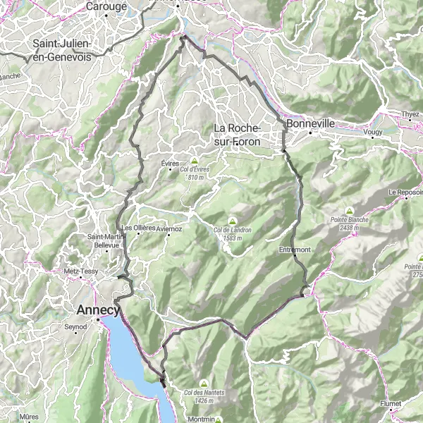 Miniatura della mappa di ispirazione al ciclismo "Tour del Lago di Annecy" nella regione di Rhône-Alpes, France. Generata da Tarmacs.app, pianificatore di rotte ciclistiche