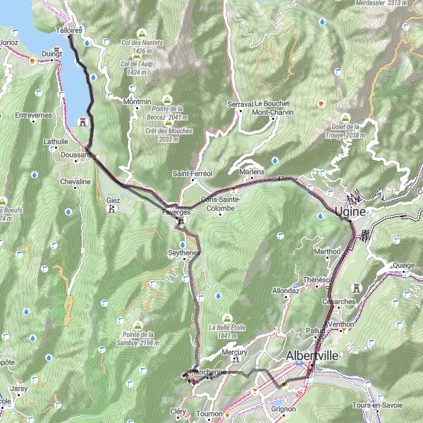Zemljevid v pomanjšavi "Pozdrav iz Alp" kolesarske inspiracije v Rhône-Alpes, France. Generirano z načrtovalcem kolesarskih poti Tarmacs.app