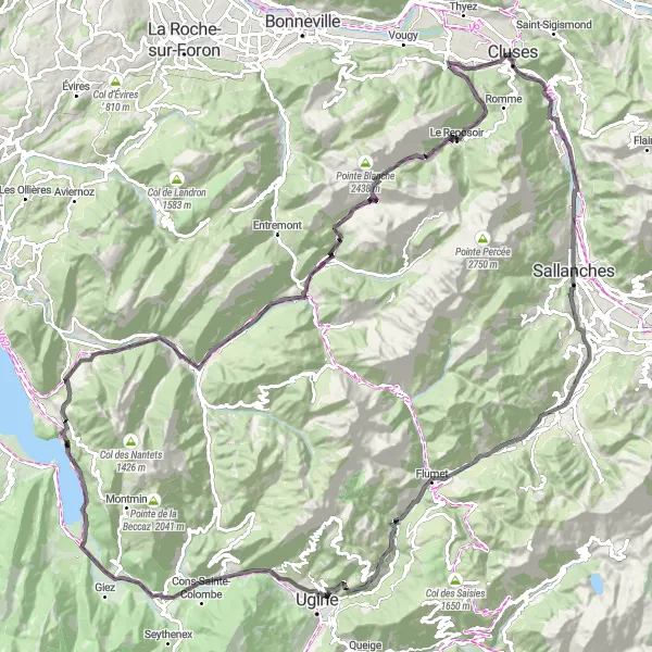 Karttaminiaatyyri "Talloires - Le Grand-Bornand - Le Reposoir - Côte de Megeve - Marlens" pyöräilyinspiraatiosta alueella Rhône-Alpes, France. Luotu Tarmacs.app pyöräilyreittisuunnittelijalla