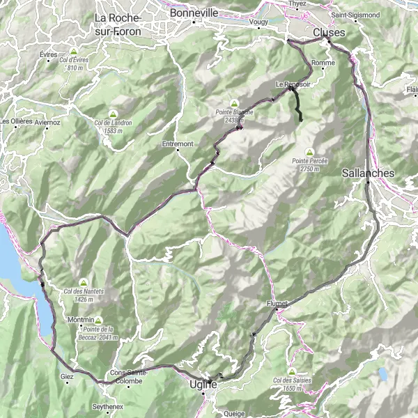 Kartminiatyr av "Veien til Alpene og fantastisk natur" sykkelinspirasjon i Rhône-Alpes, France. Generert av Tarmacs.app sykkelrutoplanlegger