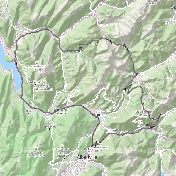 Map miniature of "Talloires to Col de Bluffy Loop" cycling inspiration in Rhône-Alpes, France. Generated by Tarmacs.app cycling route planner