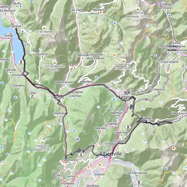 Miniatura della mappa di ispirazione al ciclismo "Itinerario ciclistico tra Montagne e Castelli" nella regione di Rhône-Alpes, France. Generata da Tarmacs.app, pianificatore di rotte ciclistiche