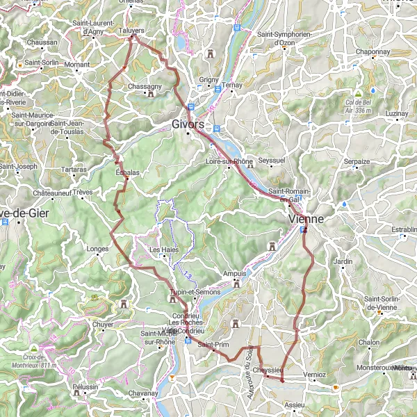 Karttaminiaatyyri "Mountainous Gravel Cycling Route from Montagny to Échalas" pyöräilyinspiraatiosta alueella Rhône-Alpes, France. Luotu Tarmacs.app pyöräilyreittisuunnittelijalla